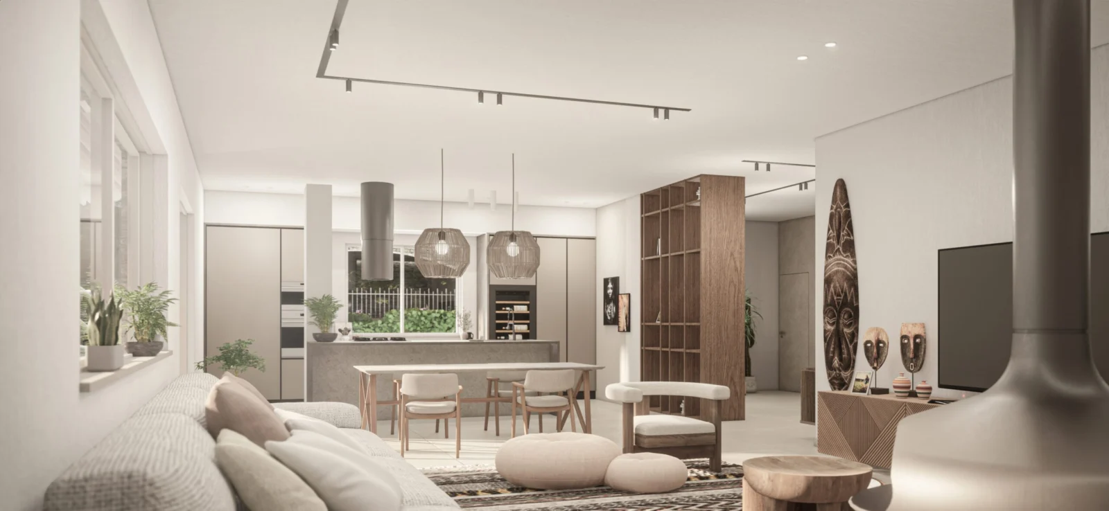 Rendering di progetto di un living ristrutturato — progettazione GEORES
