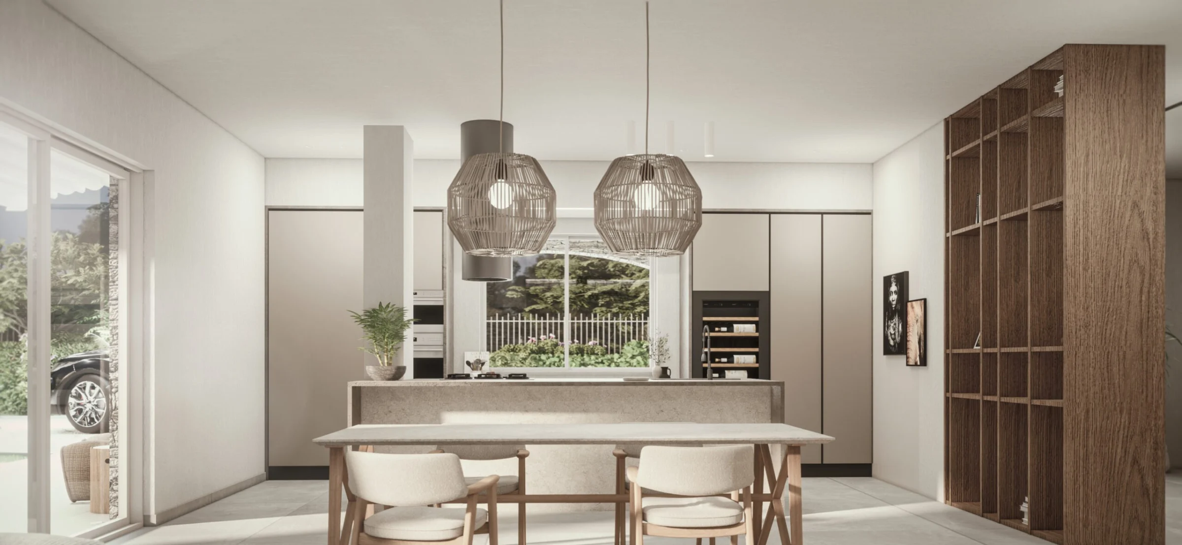 Rendering di progetto di cucina e zona pranzo — progettazione GEORES