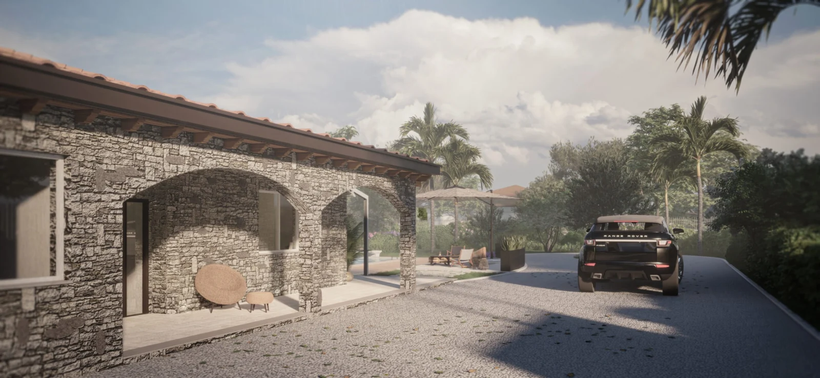 Rendering di progetto di esterni e facciata in pietra — progettazione GEORES