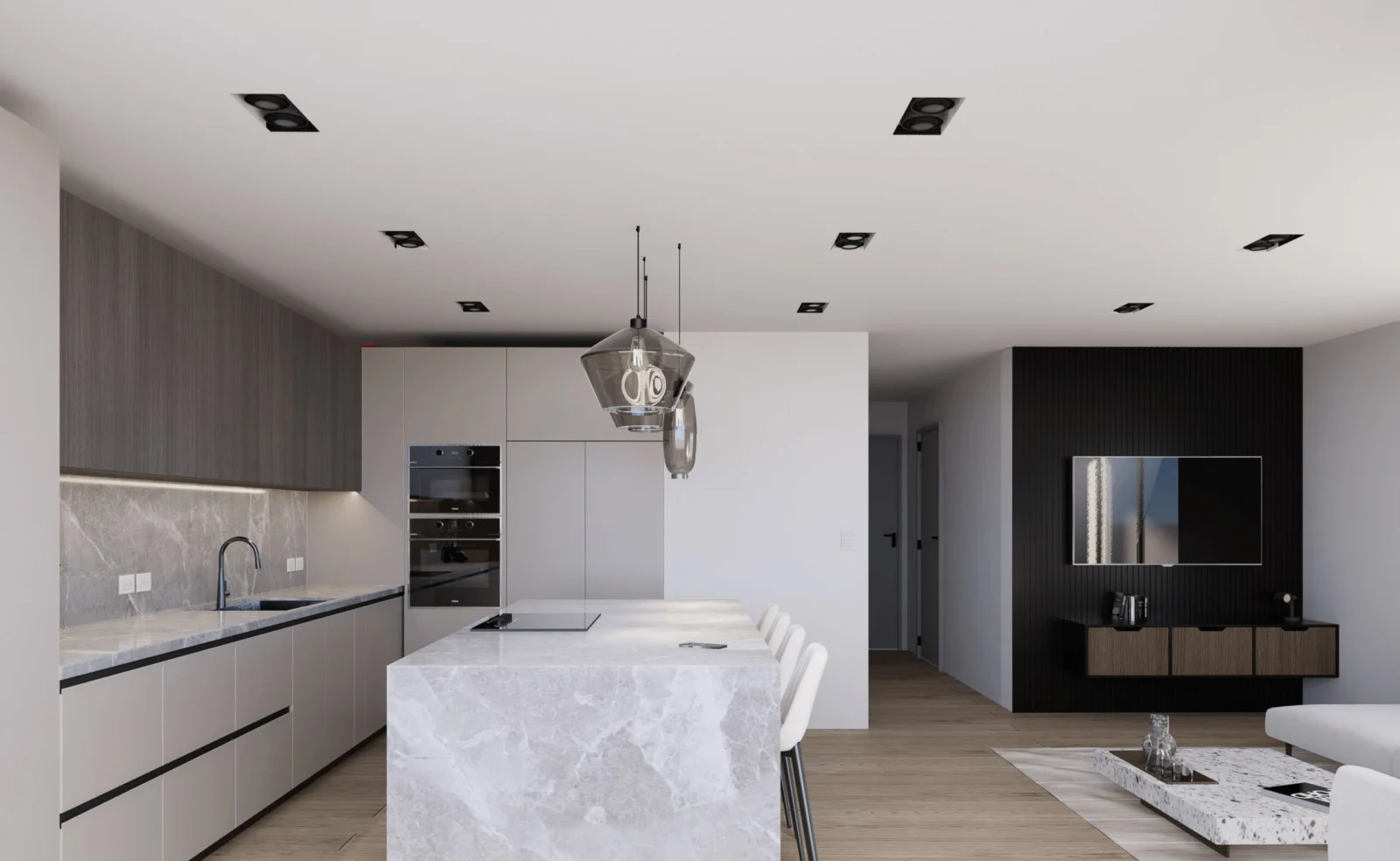 Rendering di progetto di una cucina con isola — progettazione GEORES
