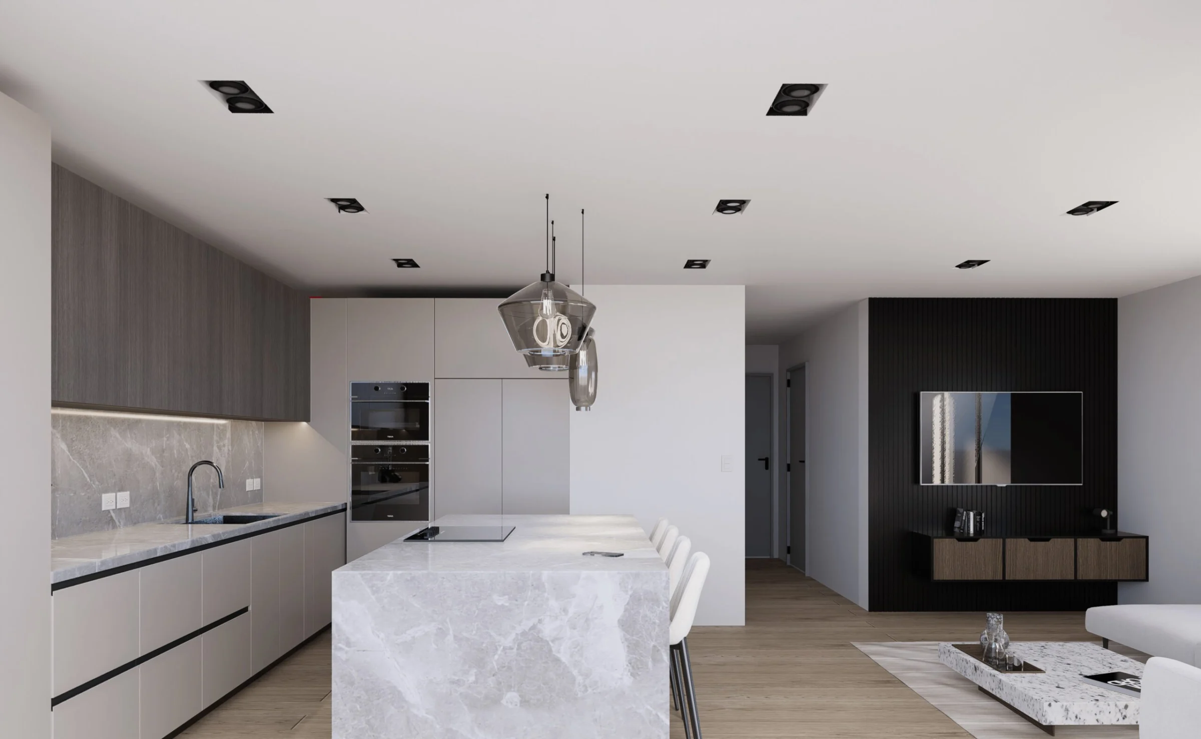 Rendering di progetto di una cucina con isola — progettazione GEORES