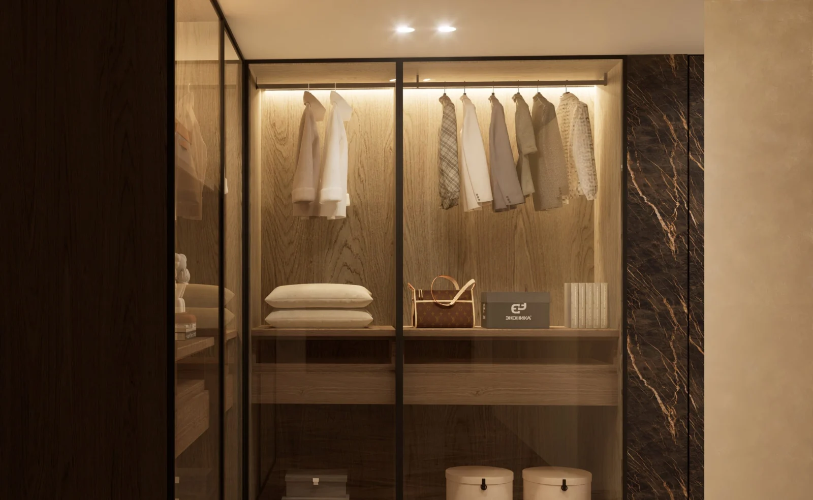 Rendering di progetto di una cabina armadio — progettazione GEORES