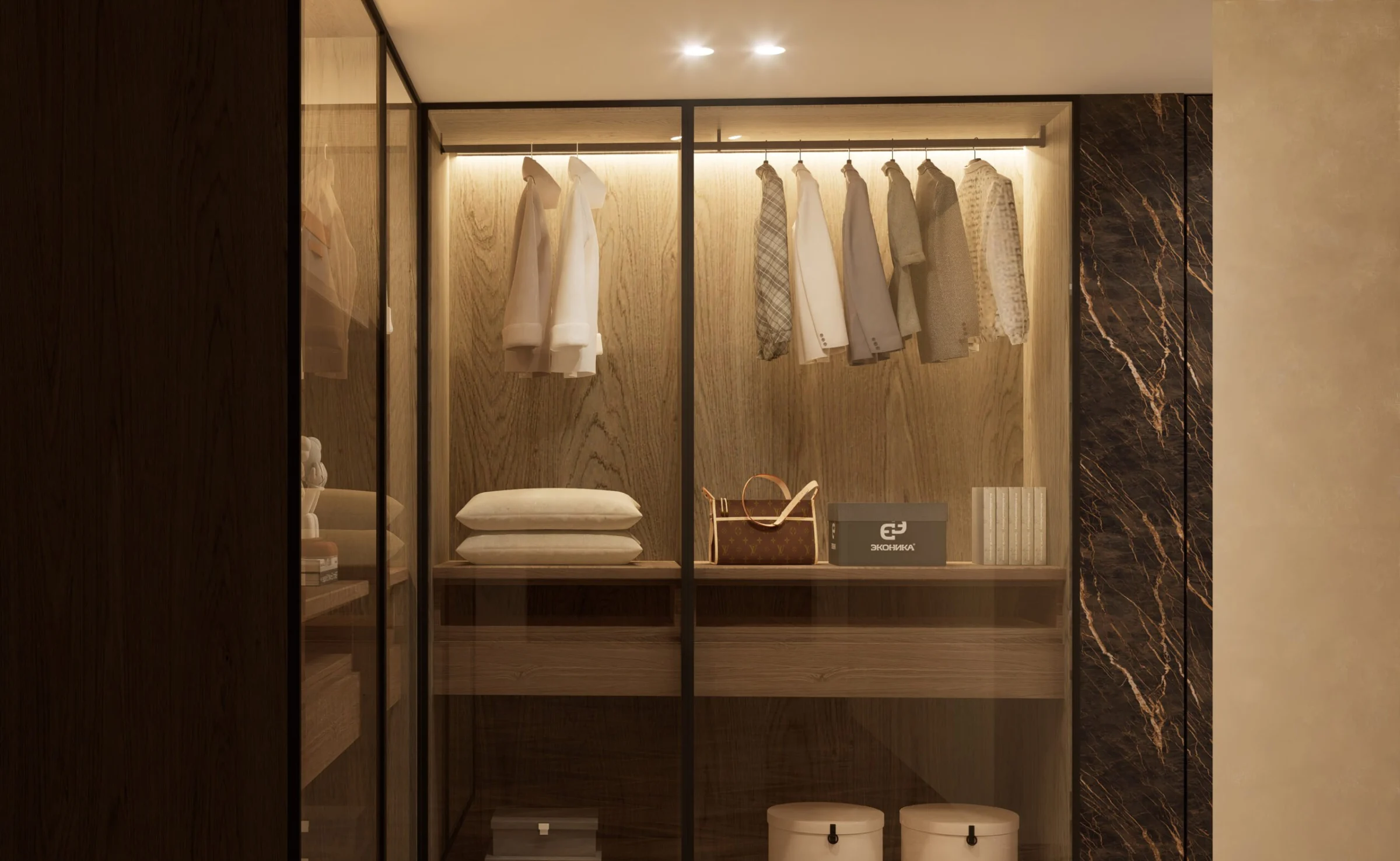 Rendering di progetto di una cabina armadio — progettazione GEORES